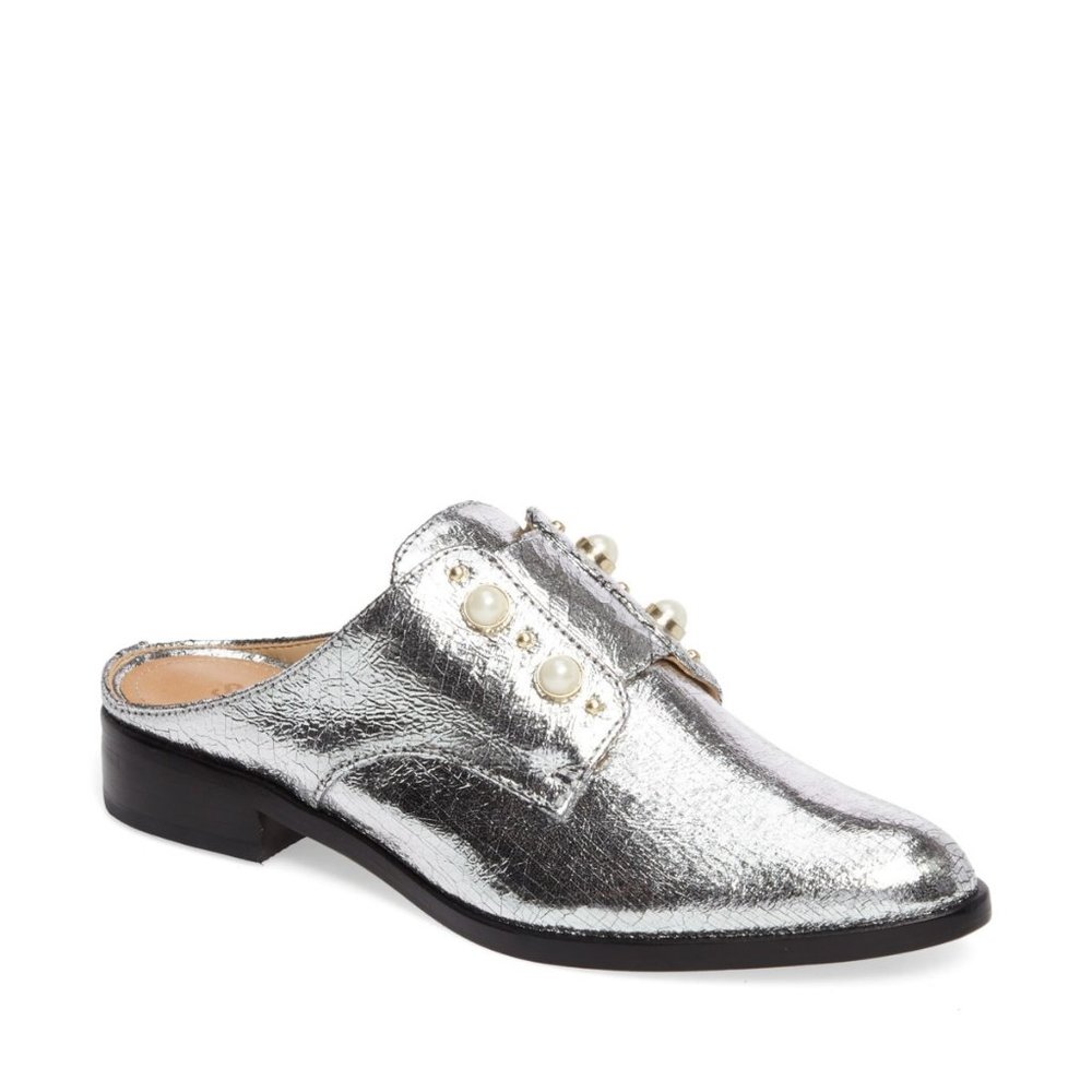 Schutz New Mules Stud ALL- Leather Clogs Slip-On Shoes SILVER Women's 8.5